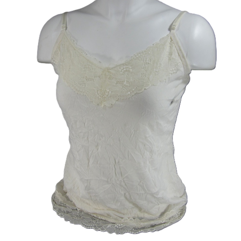 Maurices Lace Trim Cami Tank Top M Cream V-Neck Crinkle Boho Y2K Cottagecore 90s